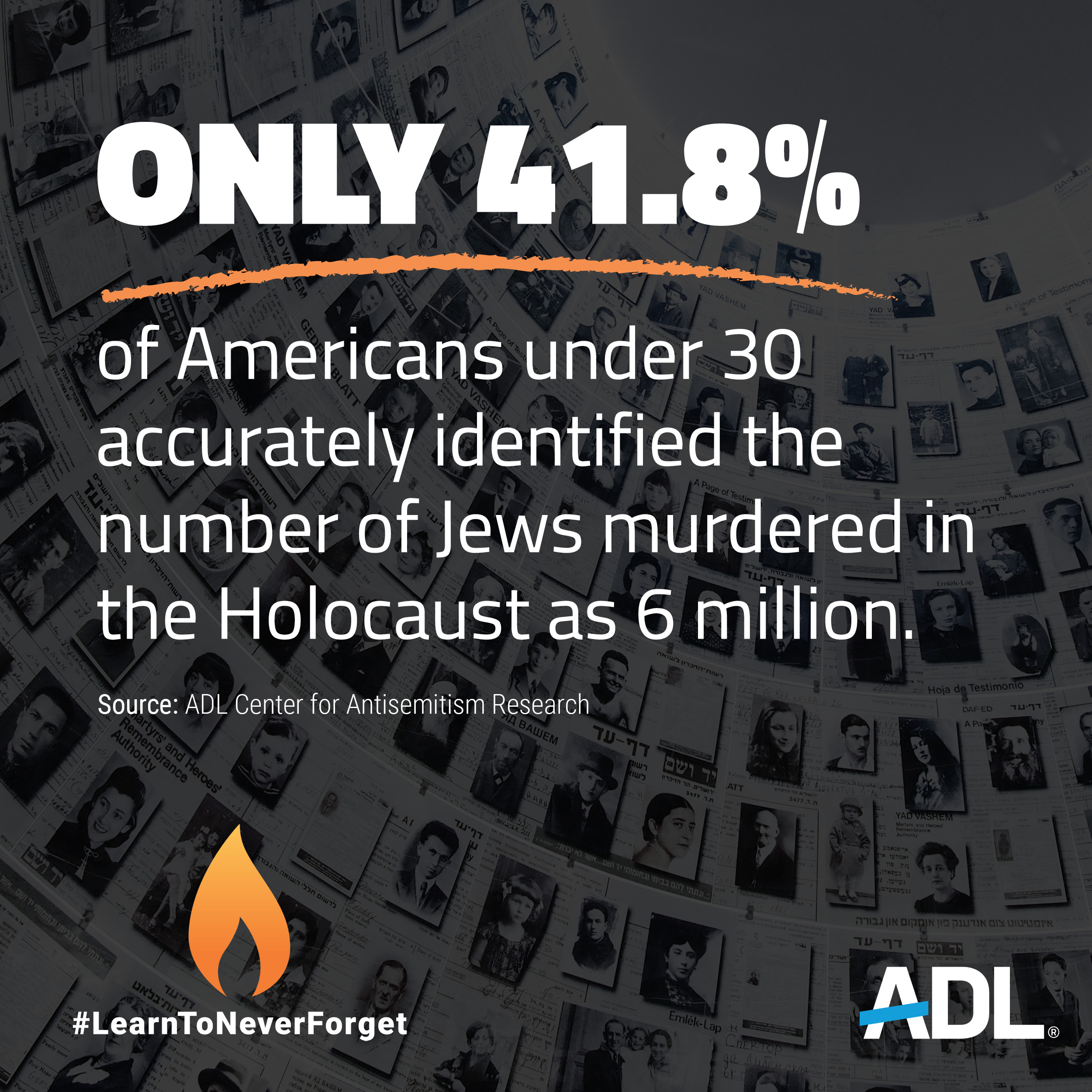 ONLY 41.8%
of Americans under 30 accurately identified the number of Jews murdered in the Holocaust as 6 million.
Source: ADL Center for Antisemitism Research
#LearnToNeverForget
ADL Logo
