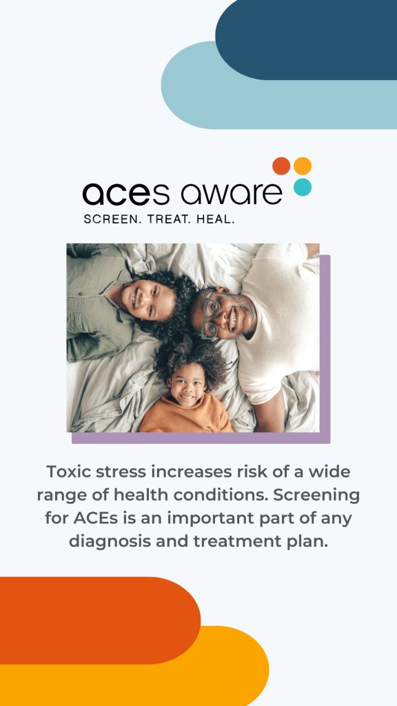 Toxic stress increases risk of a wide range of health conditions. Screening for ACEs is an important part of any diagnosis and treatment plan.
ACEs Aware: Screen. Treat. Heal