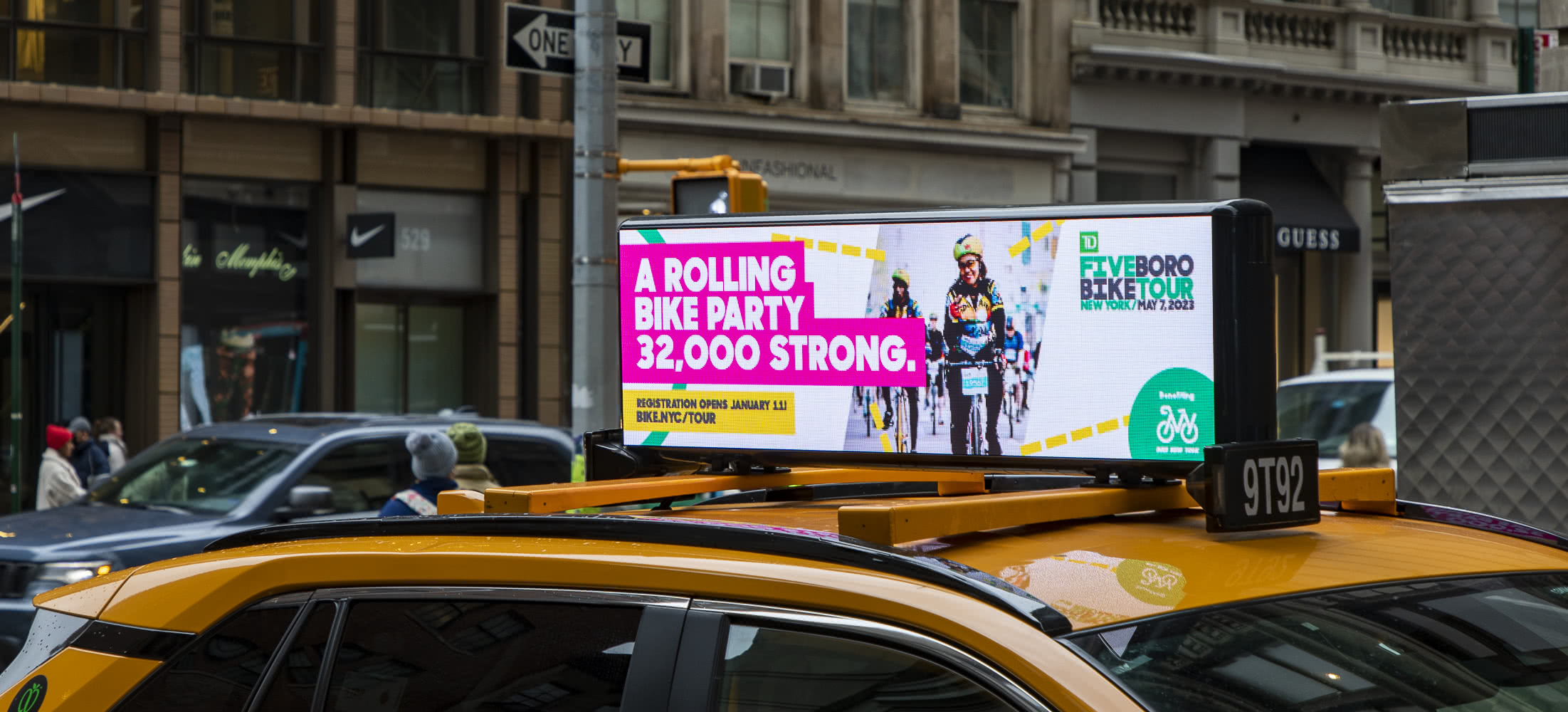 Taxi Ad: A Rolling Bike Party 32,000 Strong. Registration opens January 11! BIKE.NYC/TOUR
TD logo
FIVE BORO BIKE TOUR
NEW YORK/ MAY 7, 2023