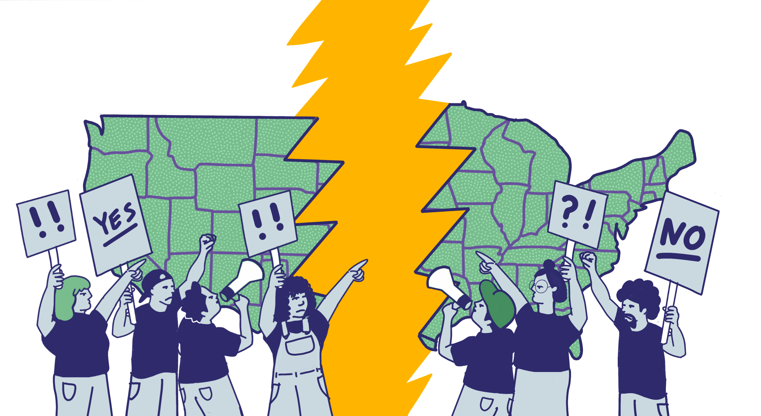 Cartoon drawing of protesters holding conflicting signs in front of a map of the continental USA split in two