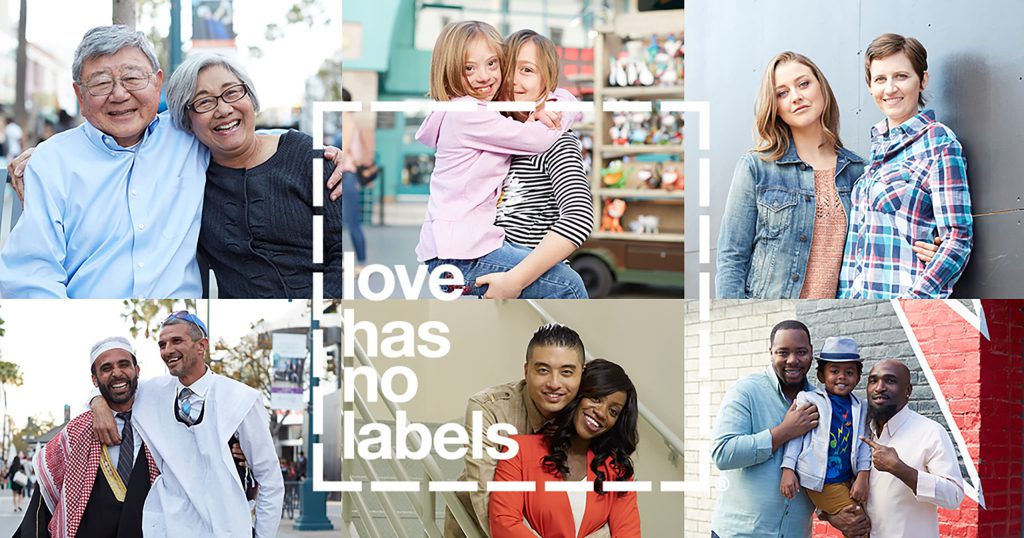 Love Has No Labels logo superimposed over images of diverse couples and families 