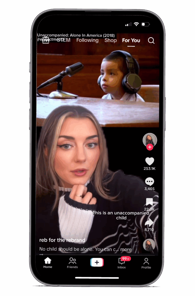 A screen grab of a video from content creator Reb Masel that features an image of a toddler appearing by himself in court.